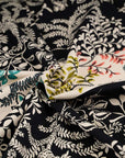 Soft, stretchy, opaque printed cotton gabardine with floral design. High quality deadstock fabric collected in Stock from a Maison de Couture in Italy.