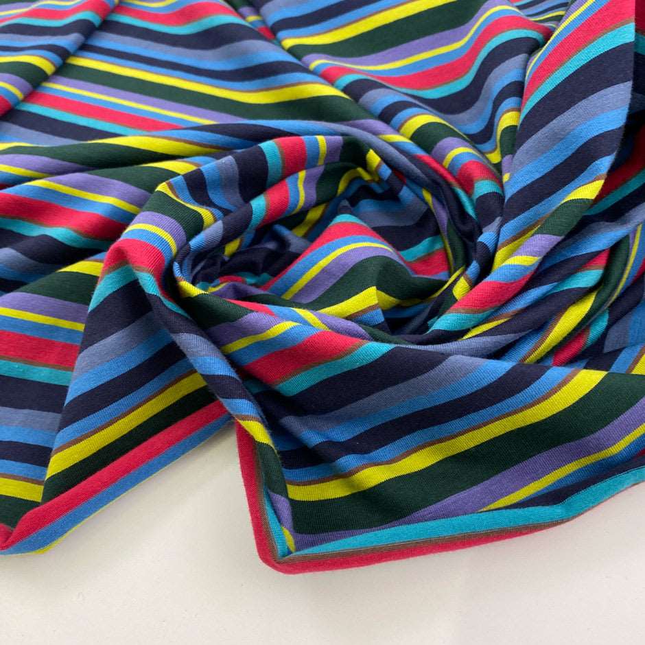 Multicolored striped sweater, soft, falling and stretchy. High quality deadstock fabric.