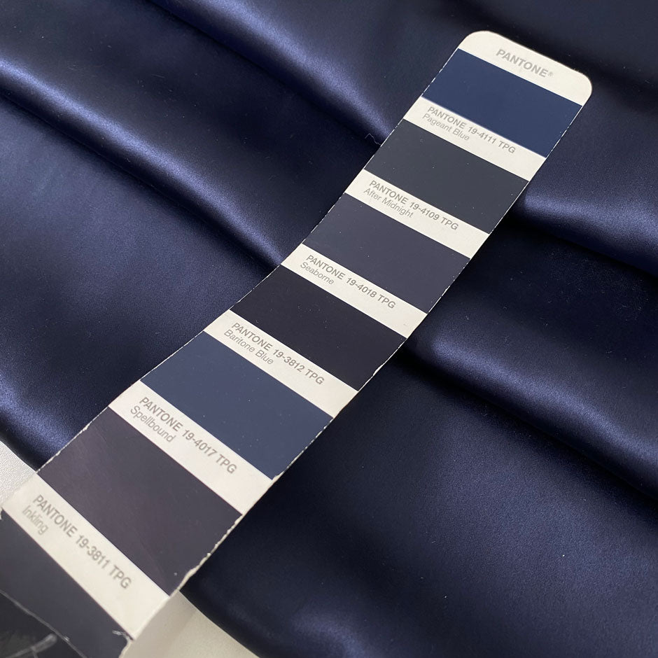 Elegant dark blue pure silk satin, soft and lightweight with a glossy finish. Not transparent, ideal for dresses, blouses, skirts, nightwear and lingerie.High-quality deadstock collected in Stock from a Maison de Couture in Italy.