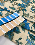 Cotton and linen, the ground is sand color, with beautiful flower designs in shades of light blue and green. It is very soft and light. High-quality deadstock fabric collected in Stock from a Maison de Couture in Italy.