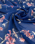 SIlk and Cotton voile in elettric blue and flower design. Very soft, light and transparent. High-quality deadstock fabric collected in Stock from a Maison de Couture in Italy.