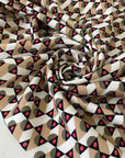 Polyamide and elastane light neoprene with a geometric design in the shades of white, beige, black, dusty olive and carmine rose. Very soft, light and flowy. Ideal for jackets, trousers, dresses and skirts. High-quality deadstock collected in Stock from a Maison de Couture in Italy.