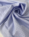 Pure cotton in light blue with a small geometric design, color reference Heather. Very soft and light, not transparent. Ideal for shirting, dresses, or skirts. High-quality deadstock collected in Stock from a Maison de Couture in Italy.