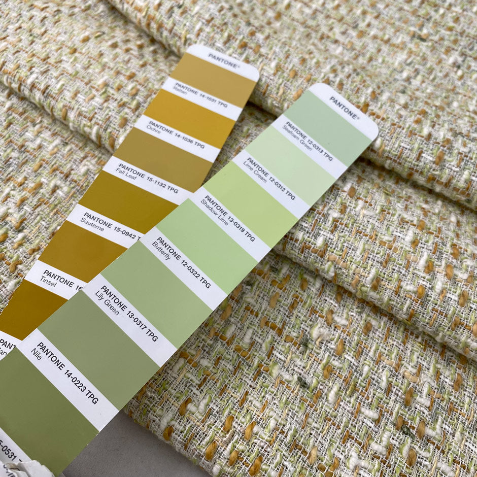 Mixed cotton tweed in pale green and ochre shade. Very soft and light. Ideal for spring jackets, skirts and dresses. High-quality deadstock collected in Stock from a Maison de Couture in Italy.