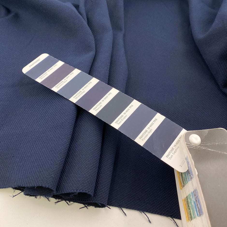 Textured cotton canvas in solid blue color. Deadstock fabric picked up in Stock from a Maison de Couture in Italy.