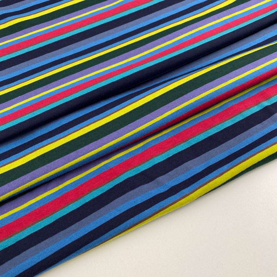 Multicolored striped sweater, soft, falling and stretchy. High quality deadstock fabric.