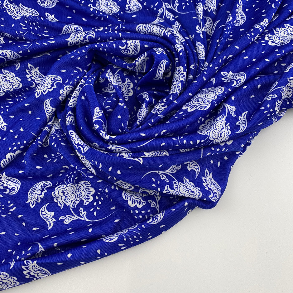 Blue and white printed viscose jersey