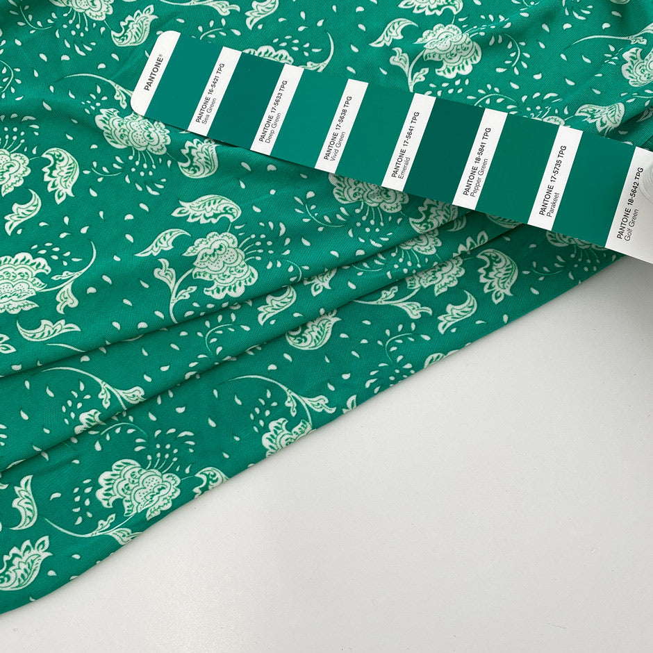 Green and white printed viscose jersey