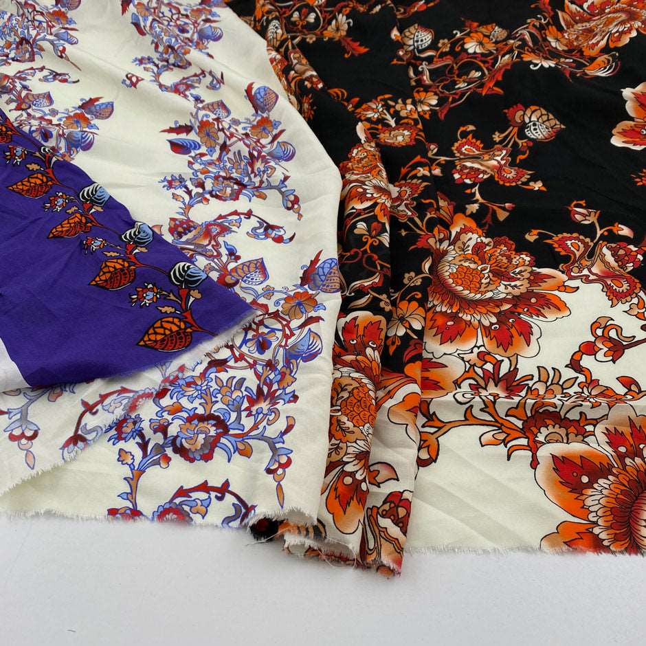 Soft and transparent viscose fabric with floral and multicolor pattern. High quality deadstock fabric picked up in Stock from a Maison de Couture in Italy.