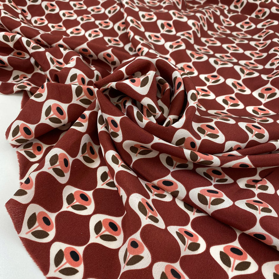 Pure silk crepe de chine in pink, green and bordeaux shades. With flower design, very soft, light and flowy. High-quality deadstock fabric by the meter collected in Stock from a Maison de Couture in Italy.