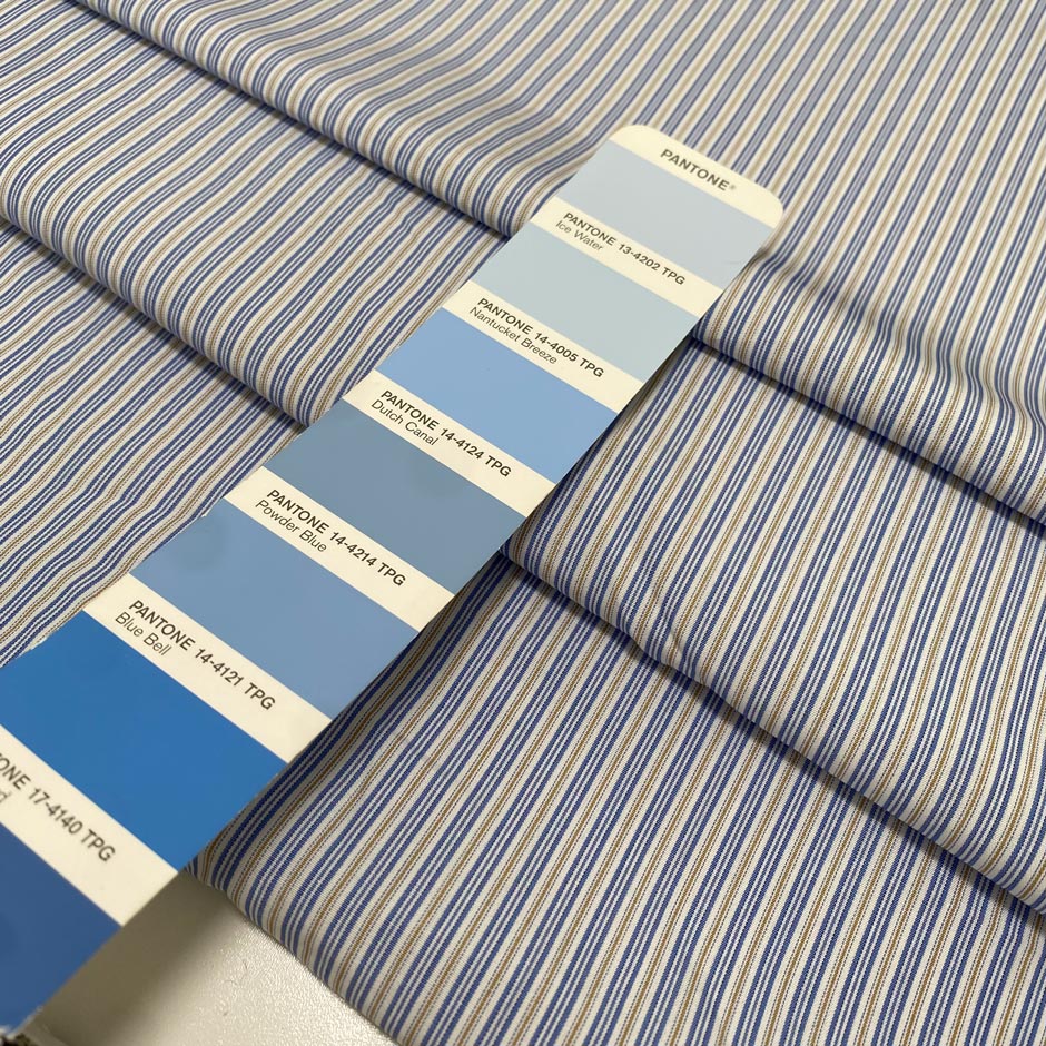 Soft and lightweight pure cotton poplin with stripes in light blue, white, and ochre. Not transparent, perfect for shirting and dresses.High-quality deadstock collected in Stock from a Maison de Couture in Italy.
