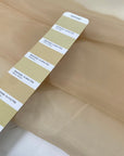 Light and transparent polyester organza in a shiny beige tone. Ideal for dresses, skirts, blouses, and shirting. High-quality deadstock collected in Stock from a Maison de Couture in Italy.