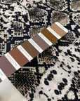 Pure viscose with a snake skin print in beige, black, and mocha tones. Very soft, light, and flowy, not transparent. Ideal for blouses, shirting, dresses, and skirts. High-quality deadstock collected in Stock from a Maison de Couture in Italy.