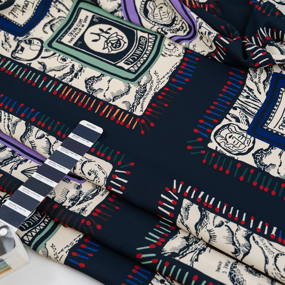 Falling panel patterned polyester crepe cady. High quality deadstock fabric.