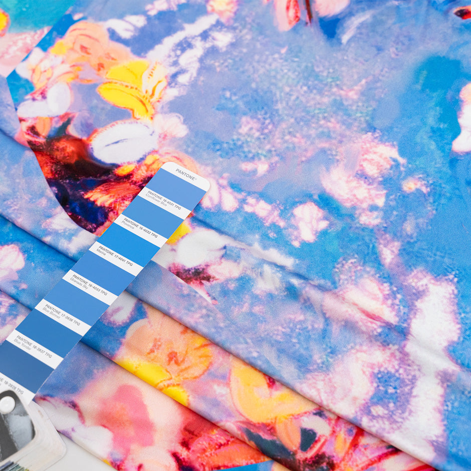 Pure viscose jersey tie dye type multicolor. Floral panel stretch fabric. High-quality deadstock collected in Stock from a Maison de Couture in Italy. 