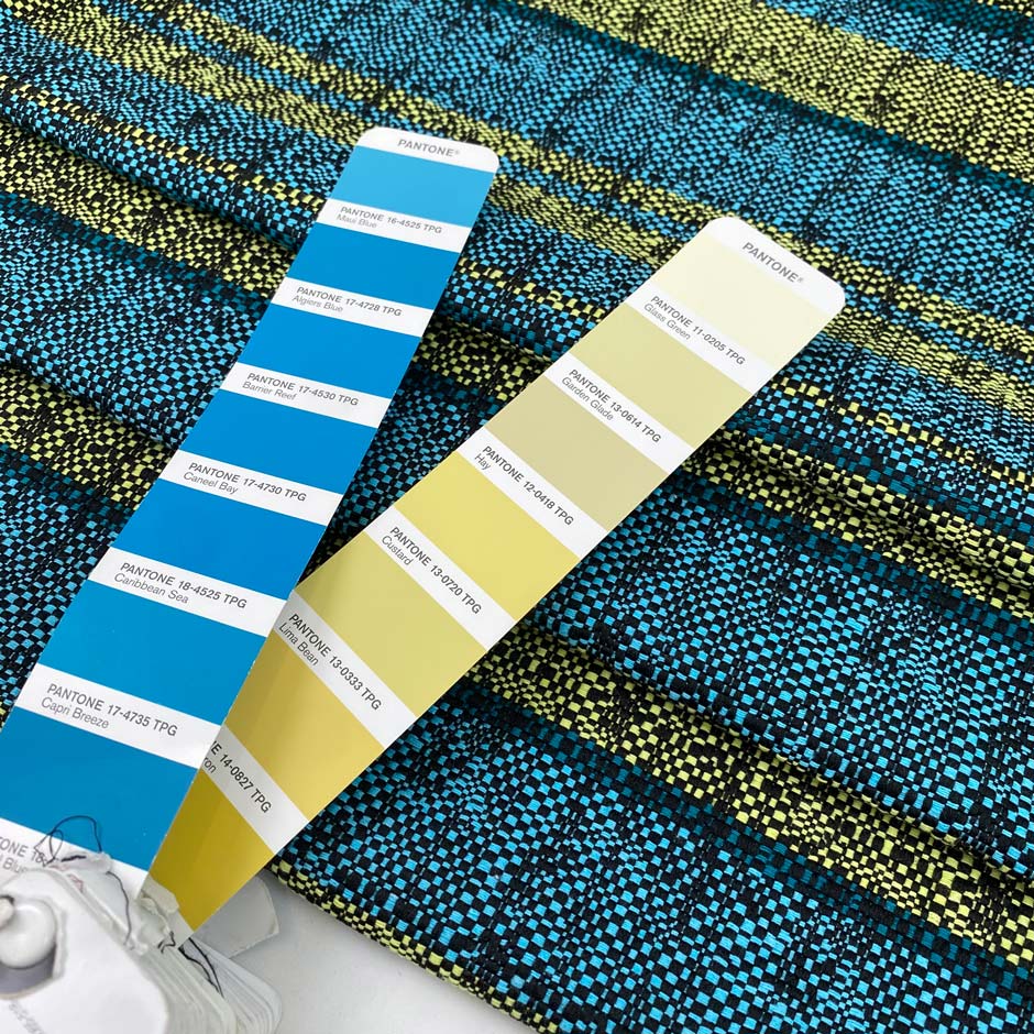 Viscose and polyester tweed in turquoise and lime yellow, shades maui blue and lima bean. Very soft, ideal for jackets dresses and skirts. High-quality deadstock collected in Stock from a Maison de Couture in Italy.