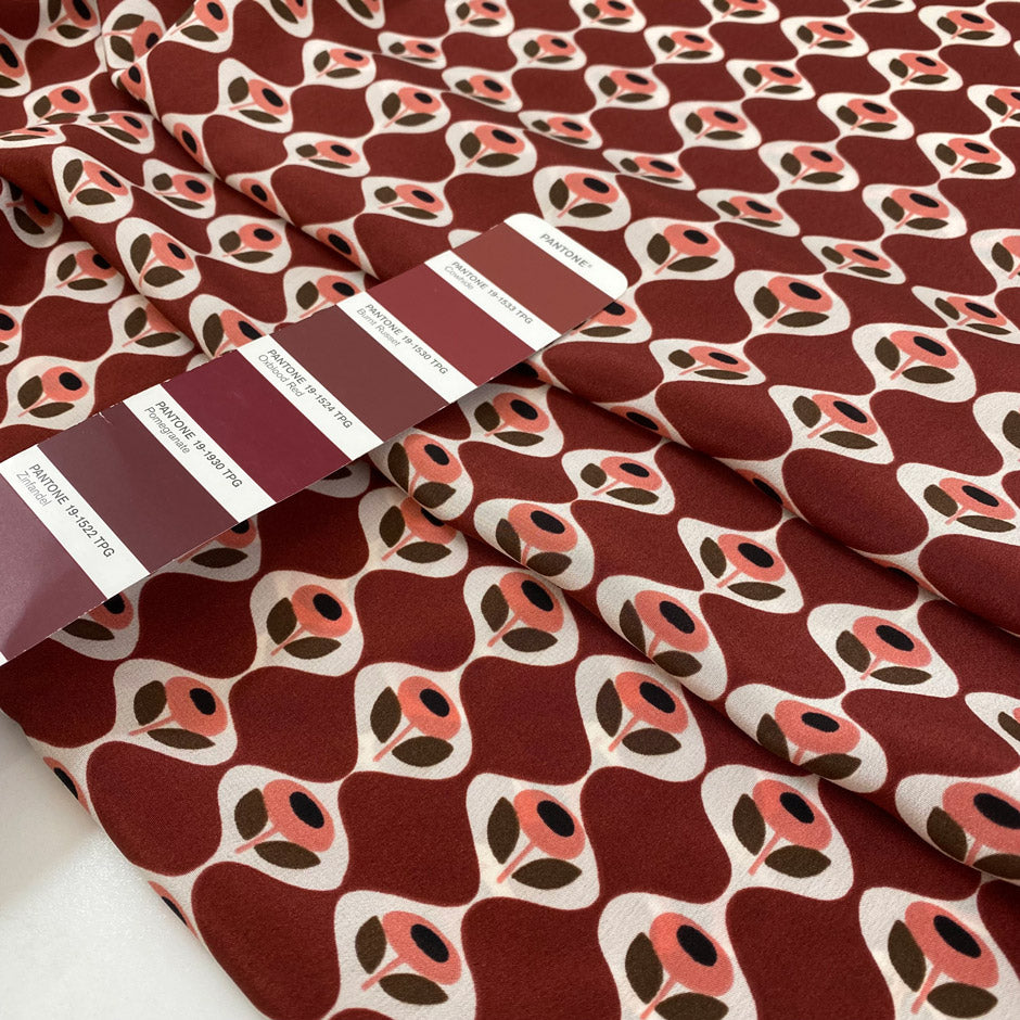 Pure silk crepe de chine in pink, green and bordeaux shades. With flower design, very soft, light and flowy. High-quality deadstock fabric by the meter collected in Stock from a Maison de Couture in Italy.
