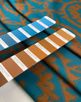 Punto Milano stretch jersey polyester, beautiful paisley design in turquoise and brown. High-quality deadstock fabric collected in Stock from a Maison de Couture in Italy.