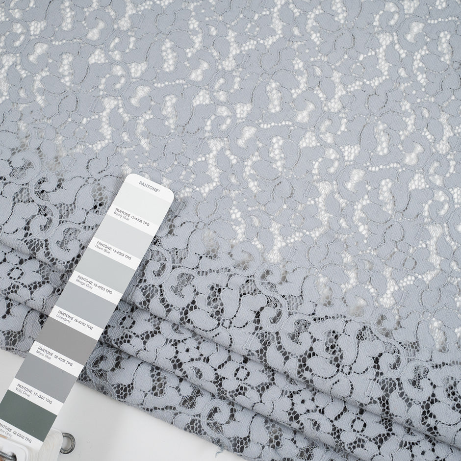 Gray cotton and polyester rebrodè lace fabric. It is falling and transparent. High-quality deadstock fabric collected in Stock from a Maison de Couture in Italy.