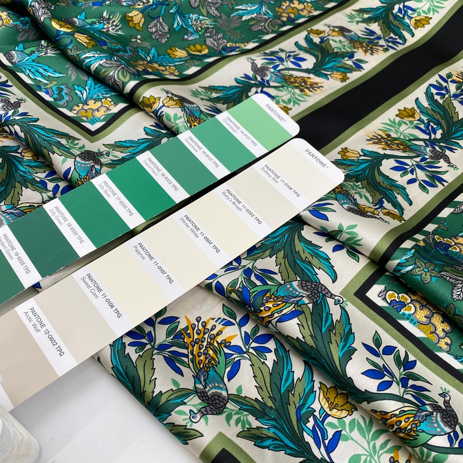 Polyester satin with floral design in panels, in white, green, and olive green shades. Very soft, light, and flowy. High-quality deadstock collected in Stock from a Maison de Couture in Italy.