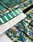 Polyester satin with floral design in panels, in white, green, and olive green shades. Very soft, light, and flowy. High-quality deadstock collected in Stock from a Maison de Couture in Italy.