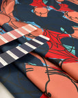 Printed pure silk twill with blue background. The fabric is soft, light and falling. High-quality deadstock fabric collected in Stock from a Maison de Couture in Italy.