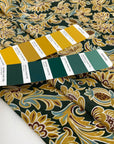 Crêpe de chine in pure silk. Forest green background printed fabric. Very soft and light. High-quality deadstock fabric collected in Stock from a Maison de Couture in Italy.