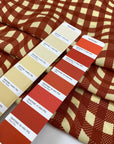 Pure viscose with vanilla yellow ground and optical check in orange rost, very soft and light, flowy. High-quality deadstock fabric by the meter collected in Stock from a Maison de Couture in Italy.