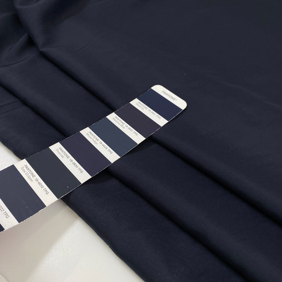 Dark blue silk crepe de chine, soft, stretchy and light. High-quality deadstock fabric collected in Stock from a Maison de Couture in Italy.