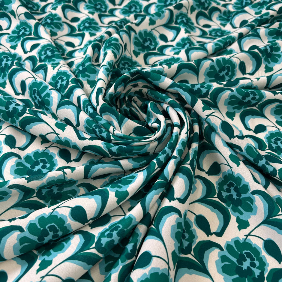 Printed Polyester With A Green And Blue Flower Design