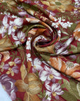 Soft and lightweight cotton and linen blend with a bordeaux base and multicolor floral design. Ideal for dresses, trousers, skirts, and shirting.High-quality deadstock collected in Stock from a Maison de Couture in Italy.