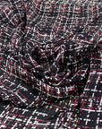 Silk charmeuse fabric, transparent, soft and droopy with a red, black and white geometric print. High quality deadstock fabric collected in Stock from a Maison de Couture in Italy.