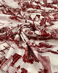 Polyester twill with beautifull landscape design in the shade off white and scarlet red. Very soft and delight, not transparent.High-quality deadstock collected in Stock from a Maison de Couture in Italy.
