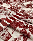 Polyester twill with beautifull landscape design in the shade off white and scarlet red. Very soft and delight, not transparent.High-quality deadstock collected in Stock from a Maison de Couture in Italy.