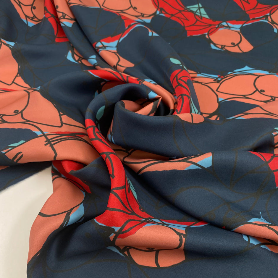 Printed pure silk twill with blue background. The fabric is soft, light and falling. High-quality deadstock fabric collected in Stock from a Maison de Couture in Italy.