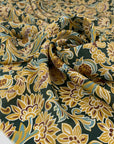 Crêpe de chine in pure silk. Forest green background printed fabric. Very soft and light. High-quality deadstock fabric collected in Stock from a Maison de Couture in Italy.