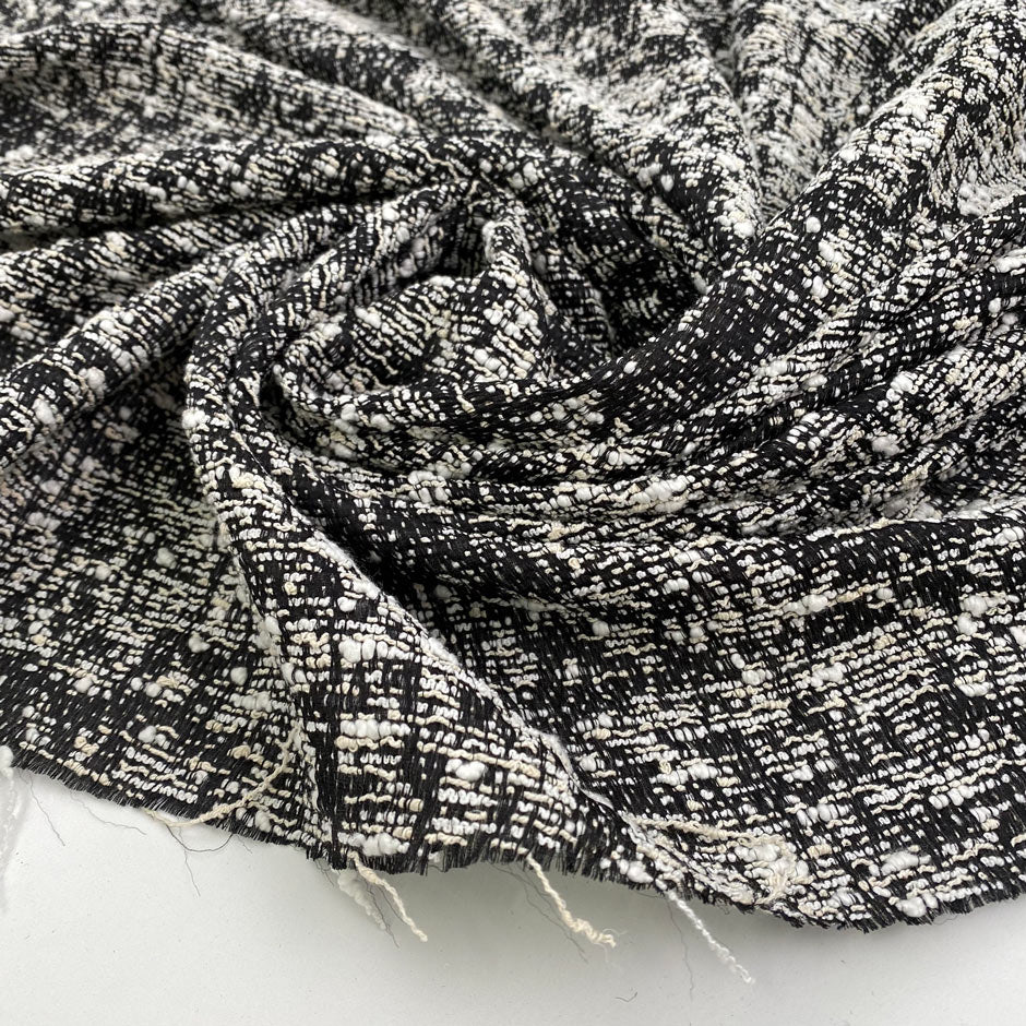 Black and white cotton silk viscose jacquard tweed