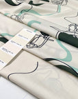 Pure viscose with a beautiful minimal design. The ground is light vanilla and the print is in the shades of green and black. The fabric is very soft and light. High-quality deadstock fabric collected in Stock from a Maison de Couture in Italy.