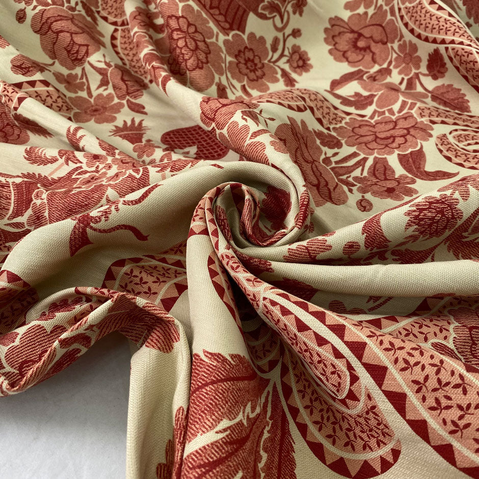 Mixed cotton and linen gabardine with floral design camel base and dark red winery pattern slightly stiff ideal for jackets skirts and trousers. High-quality deadstock collected in Stock from a Maison de Couture in Italy.