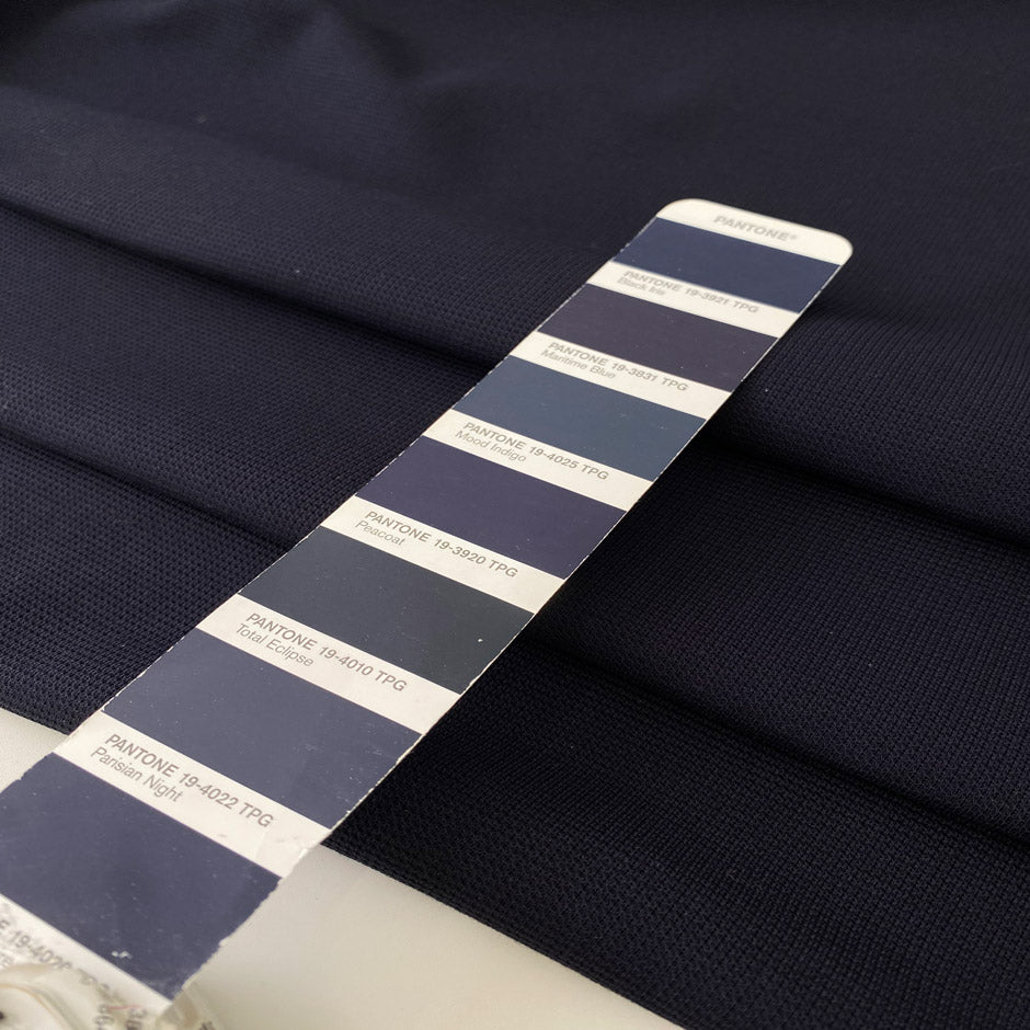 Pure cotton jersey Punto Milano in dark blue. Very soft and stretch, perfect for trousers, dresses, skirts, and jackets. High-quality deadstock collected in Stock from a Maison de Couture in Italy.