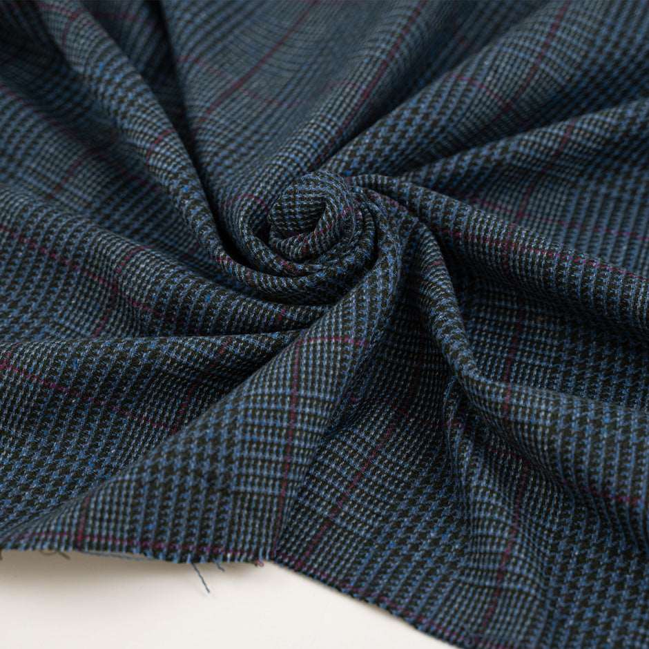 Prince of Wales blue and falling wool blend - High quality deadstock fabric