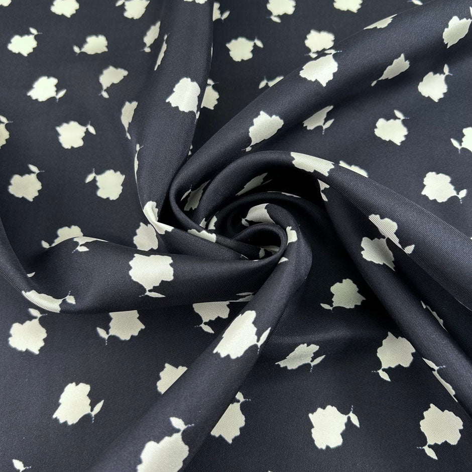 Blue and white abstract print pure silk twill, soft and non-stretch. Perfect for dresses, shirts and blouses. High-quality deadstock collected in Stock from a Maison de Couture in Italy.
