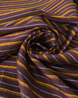 Pure silk shantung in dark brown with textured yellow and light blue stripes. Characteristic raw texture of shantung, ideal for dresses and skirts. High-quality deadstock collected in Stock from a Maison de Couture in Italy.