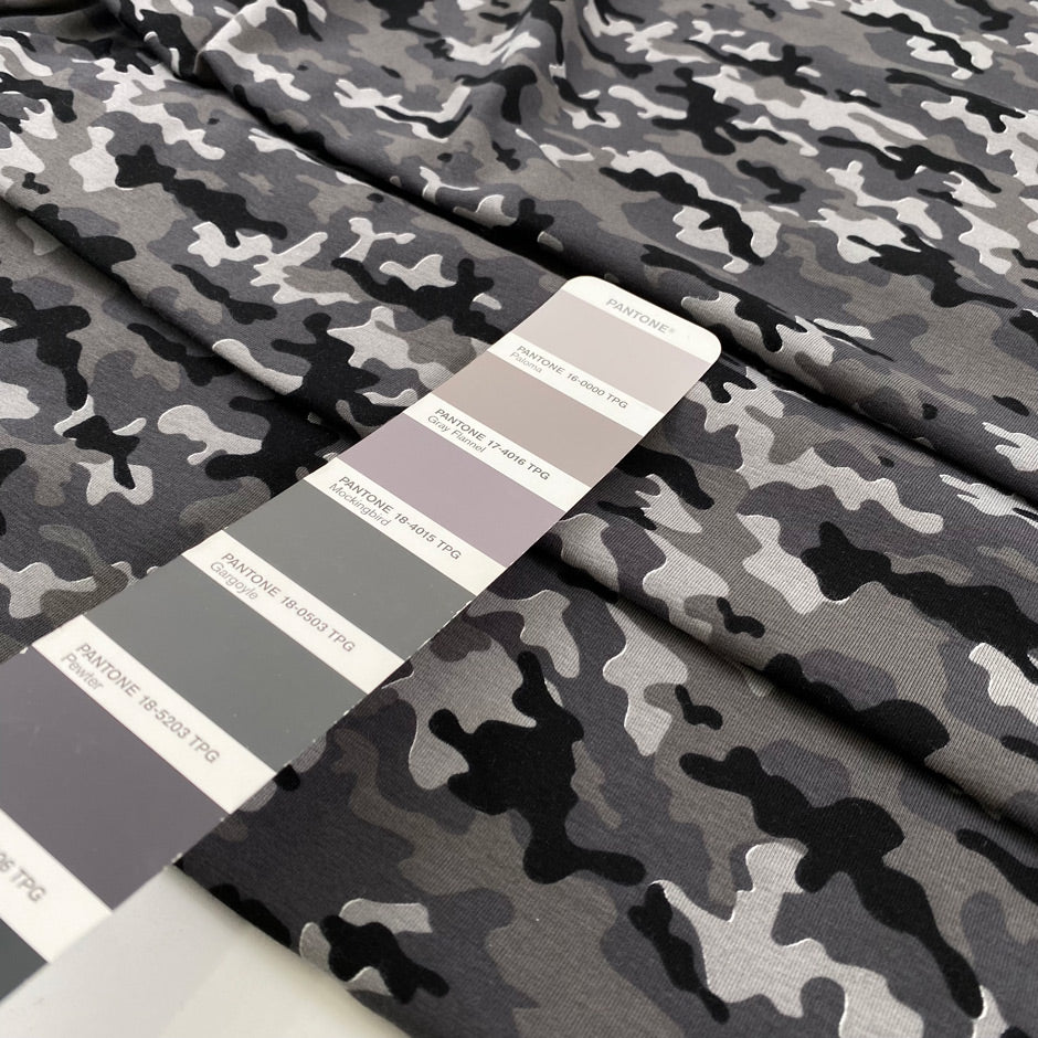 Cotton and Elastane jersey camouflage design in gray shades, very soft and light. High-quality deadstock fabric collected in Stock from a Maison de Couture in Italy.