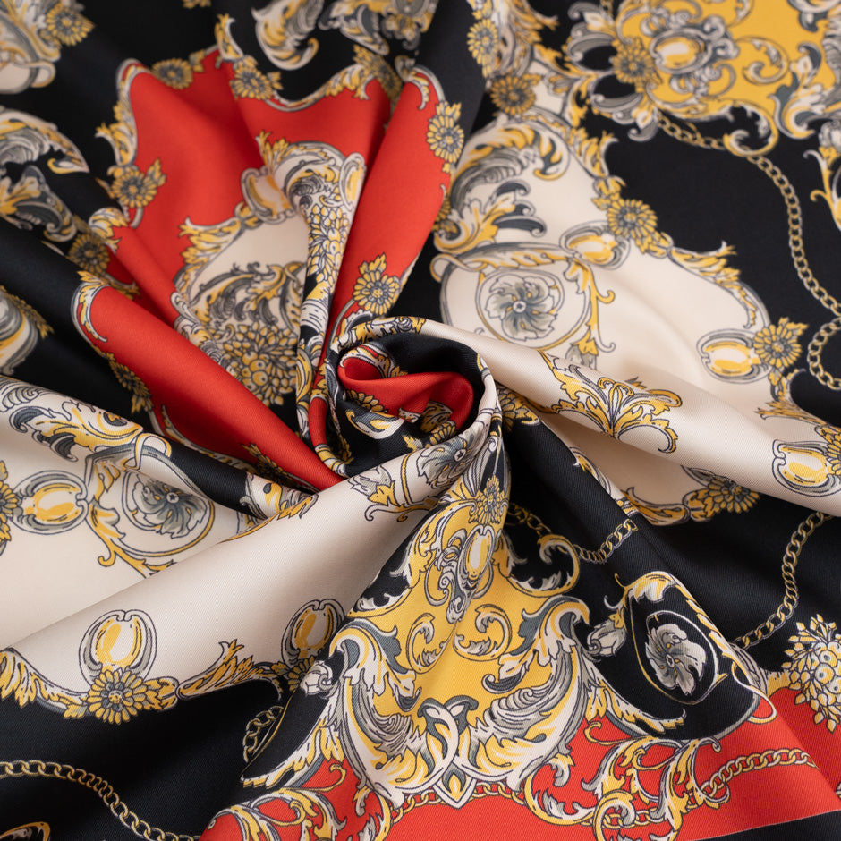 Soft satin foulare polyester multicolor fabric. High-quality deadstock fabric by the meter collected in Stock from a Maison de Couture in Italy.