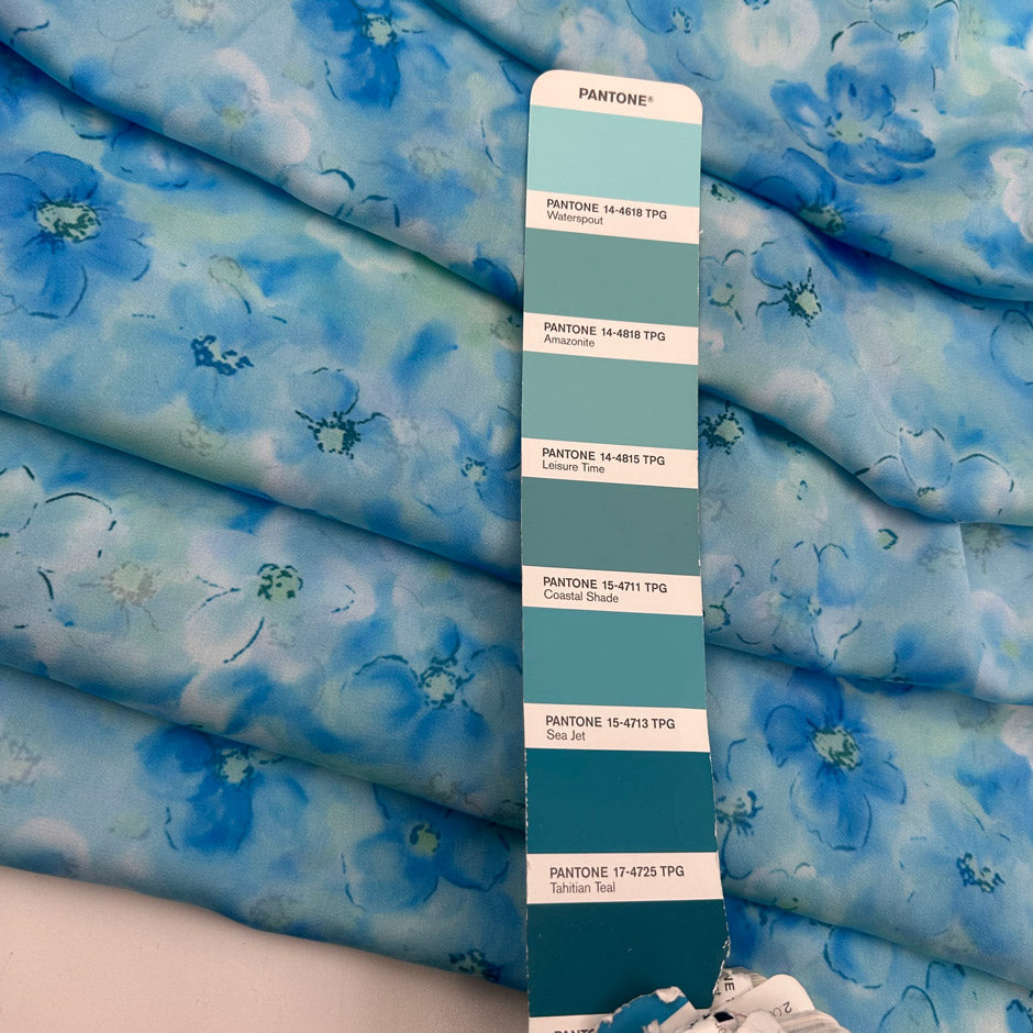 Light Blue Polyester Satin With A Floral Print