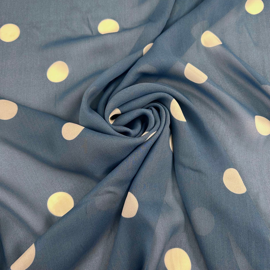 Blue Viscose Georgette With Polka Dots
