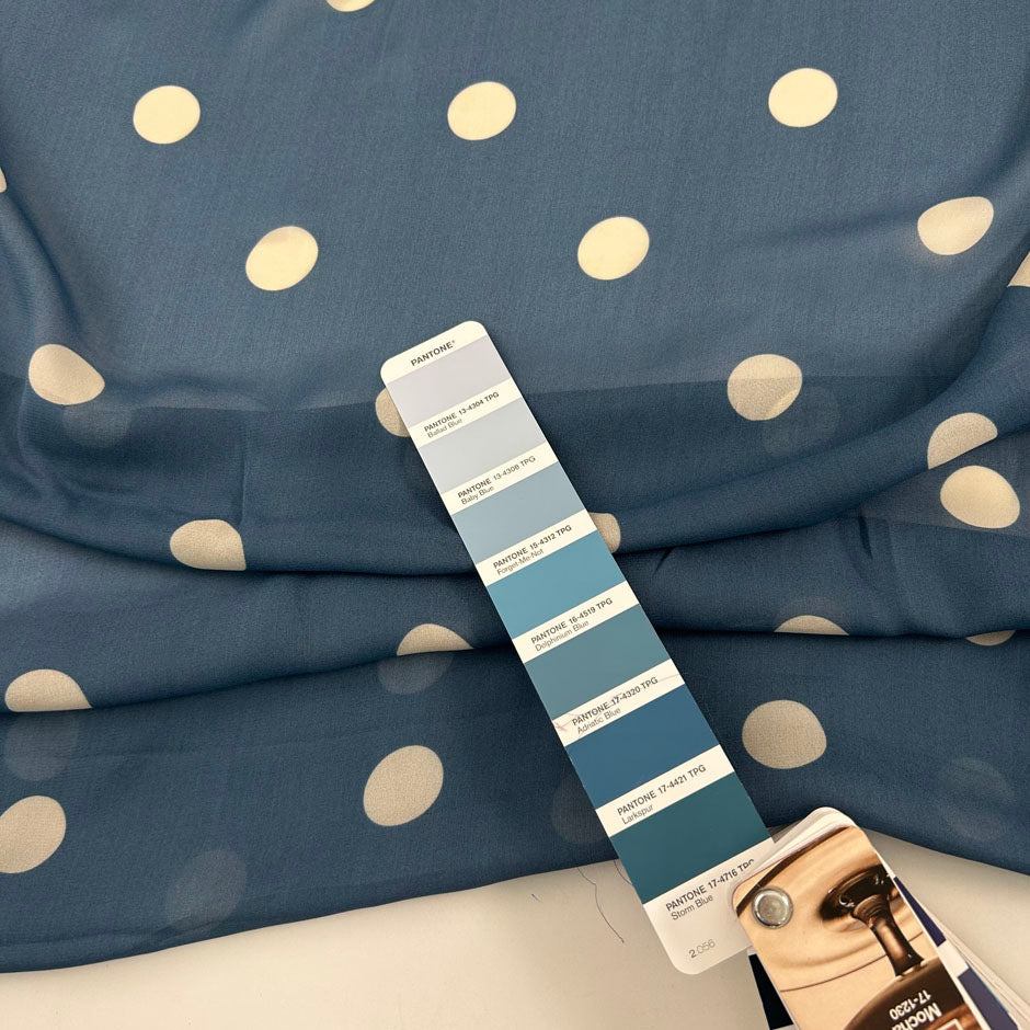 Blue Viscose Georgette With Polka Dots