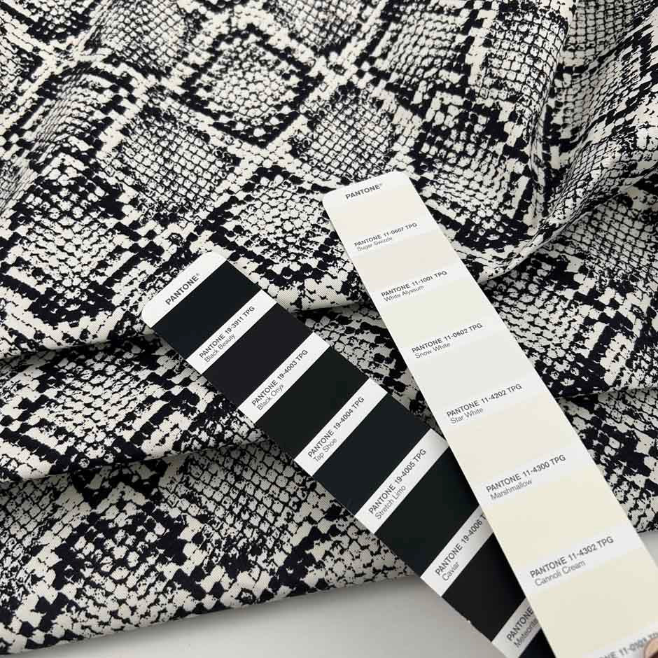 Medium Weight White Base Cotton Gabardine With Black Python Print