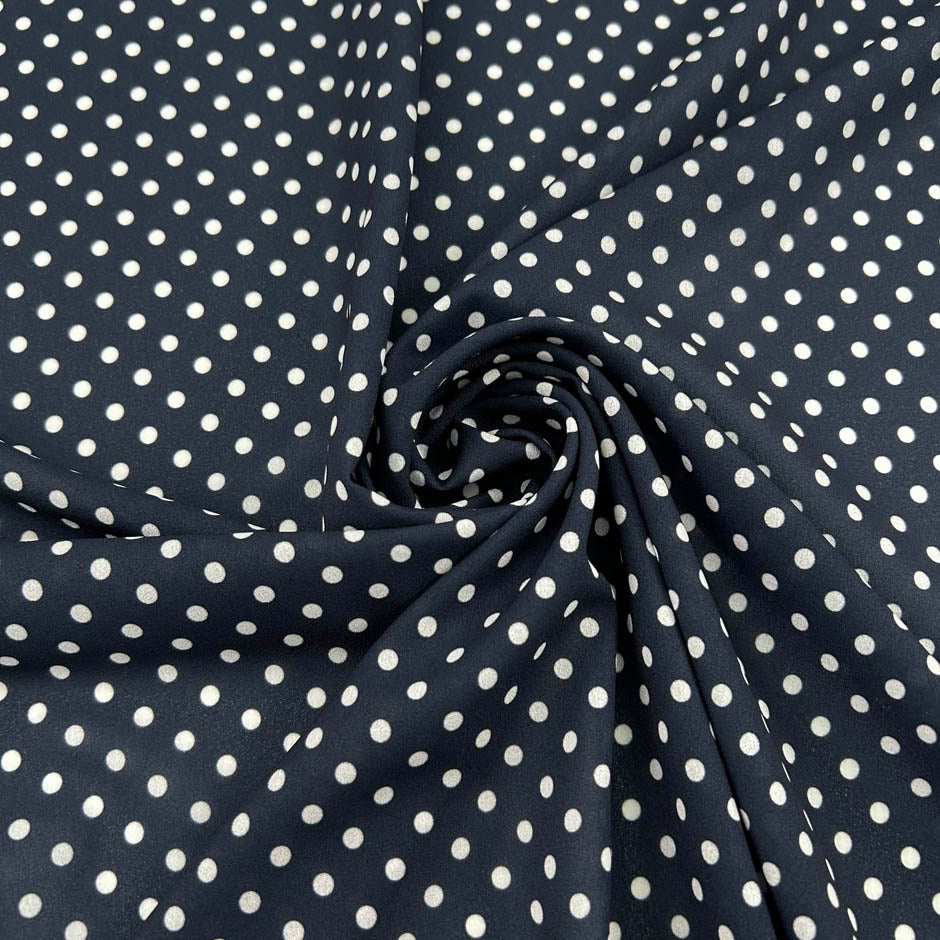 Dark Blue Polyester Crepe With Polka Dots